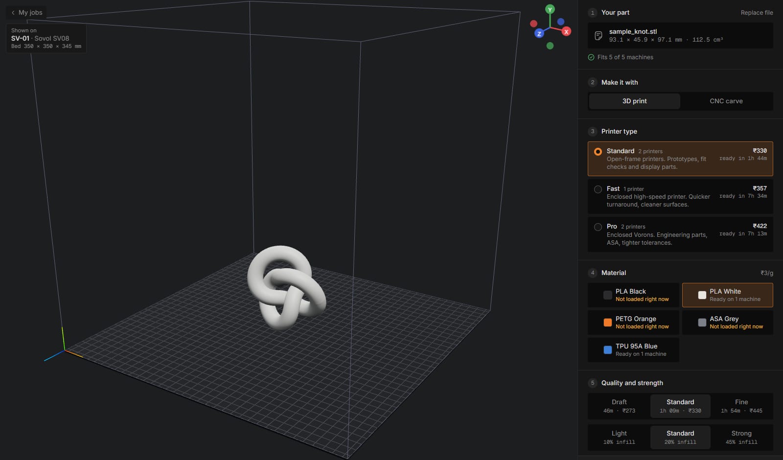 Fabrication Hub 3D preview of a part on a printer bed
